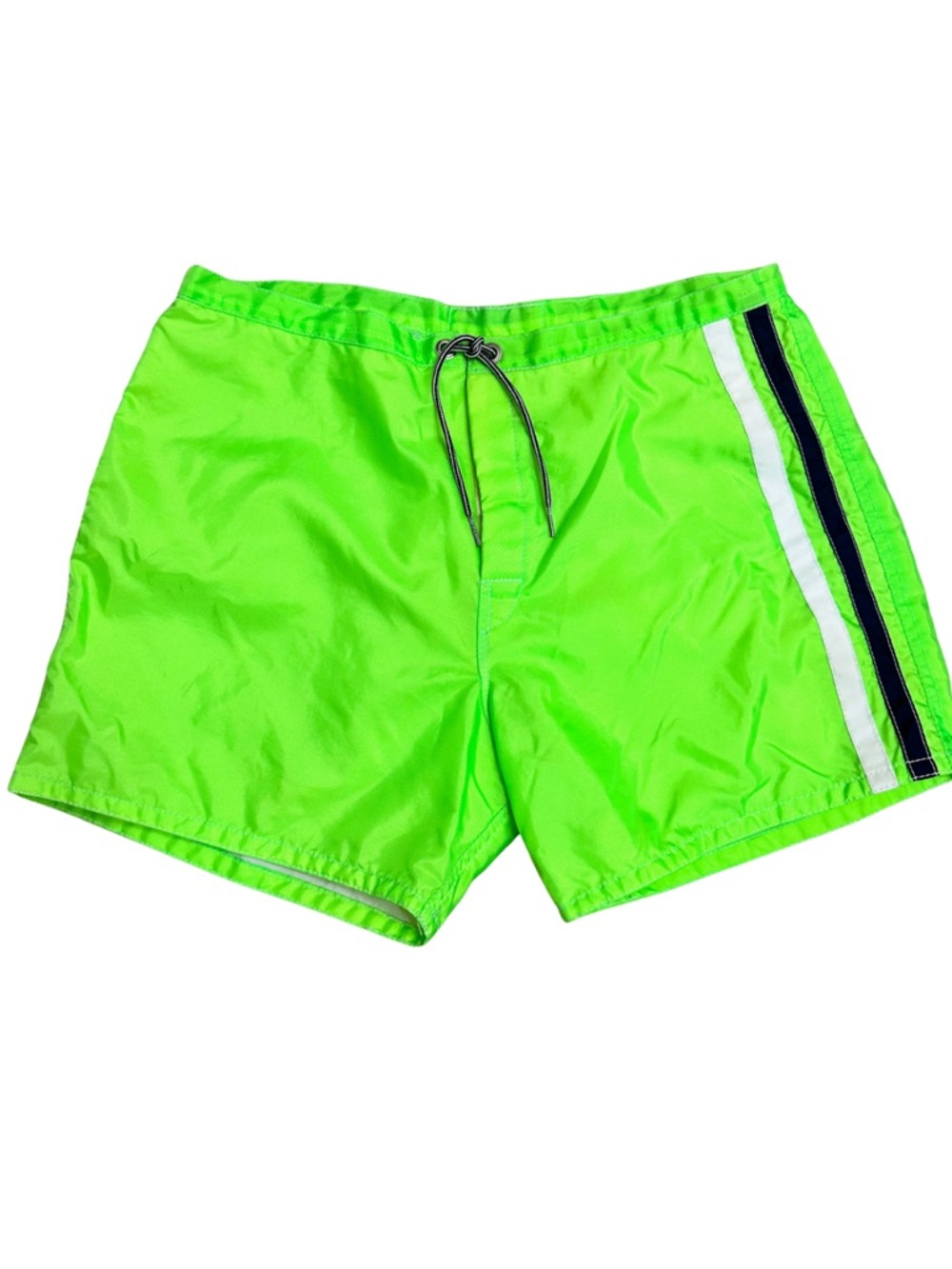 Birdwell Beach Britches Neon Green Swim Trunks Side Stripes USA Made RARE EUC